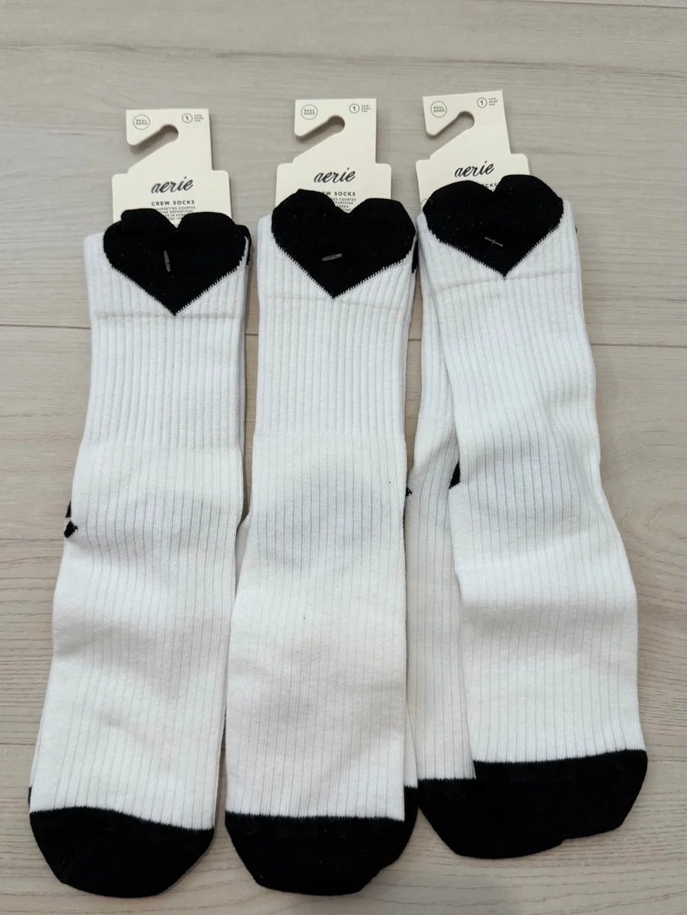 aerie 3 Pack White Ribbed Crew Socks with Black Heart Cuff